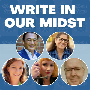 Graphic with the photos of five local authors for the annual Write in Our Midst local author series.