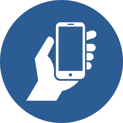 Blue circle with a white graphic of a hand holding a cell phone